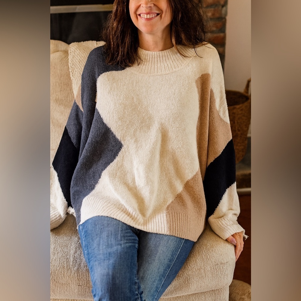 Gilli Color block Sweater Sz M Mock Neck Bat Wing Knit Abstract Geometric Cozy